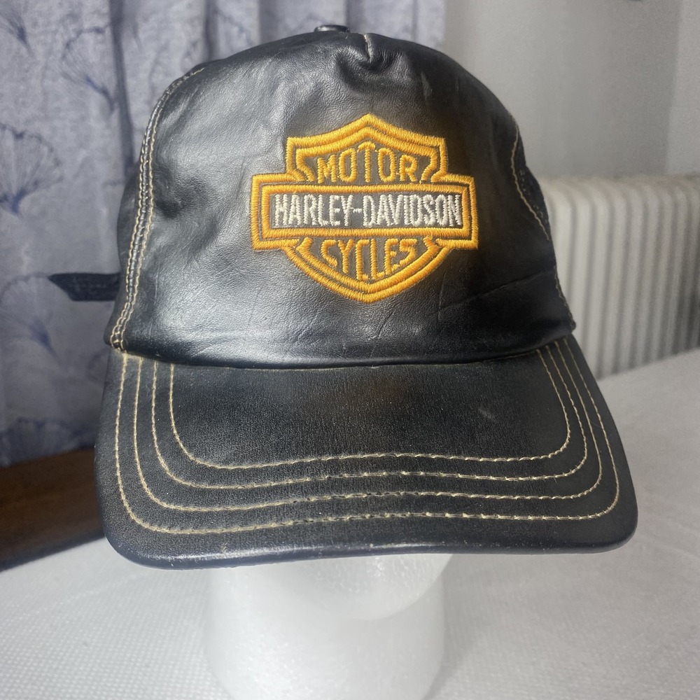 Vintage Harley-Davidson Hat Cap Strap Back Black Leather Bar Shield Mens USA 90s